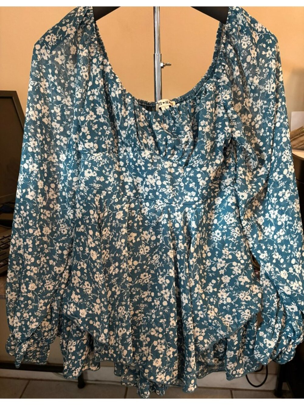 Inspired Hearts Womens Blue Floral Long-Sleeve Peplum Blouse Size L